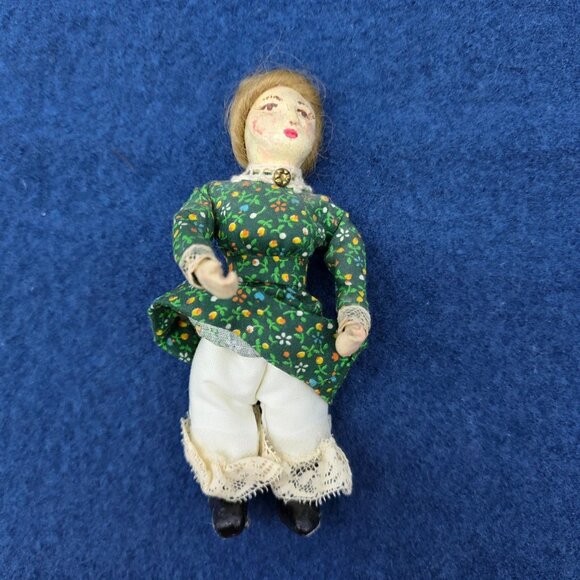 Vintage Folk Art Papier Mache Doll Wood Body Mohair Bendable Limbs 5 in German - Picture 7 of 10